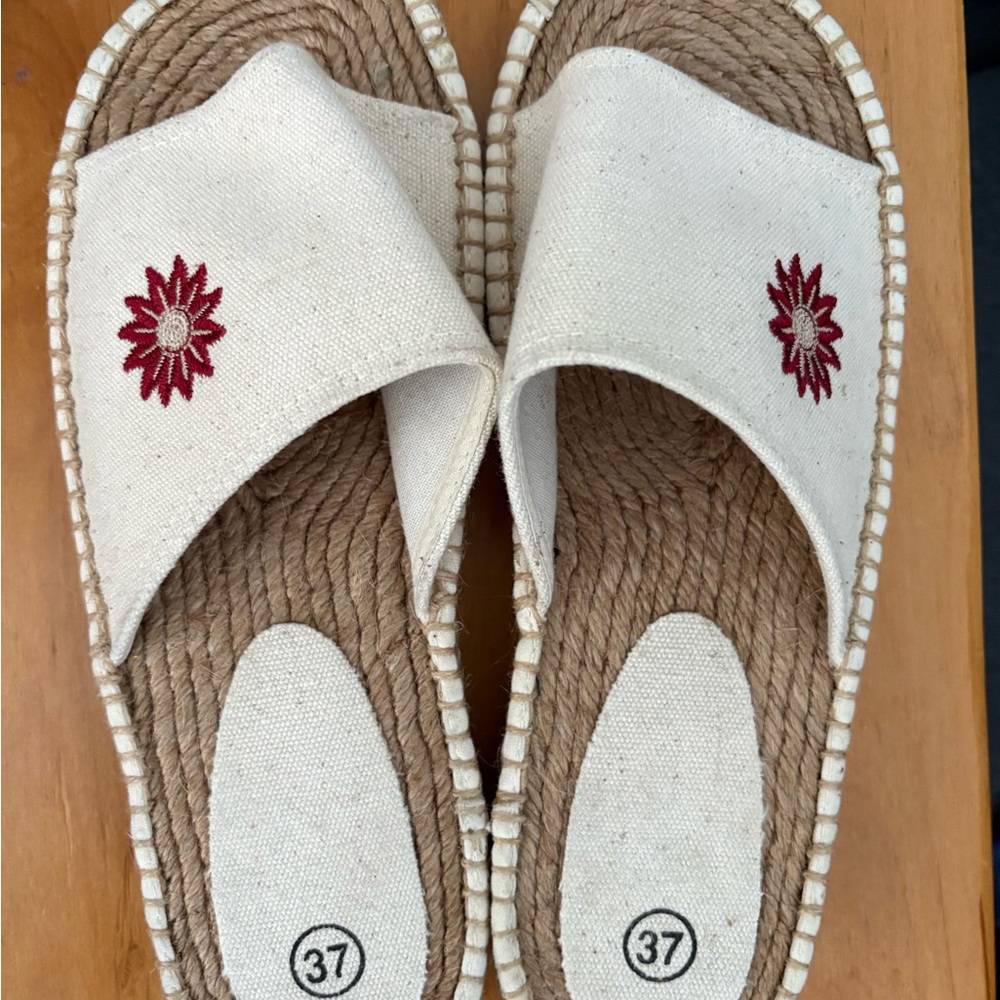 Canvas Espadrille Slides with Red Floral Stitching